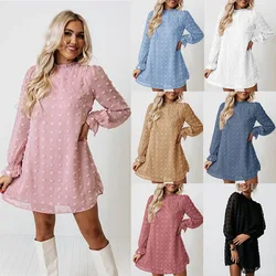 Vestido de gasa con cuello de encaje y manga farol para mujer, vestido con Bola de Pelo bordada, falda, primavera y otoño, 2022