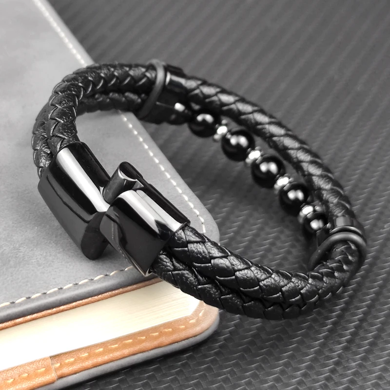 Jewelry Chakra Men Women Bracelet Stainless Steel Chain Beads Genuine Leather Magnetic Natural Stone