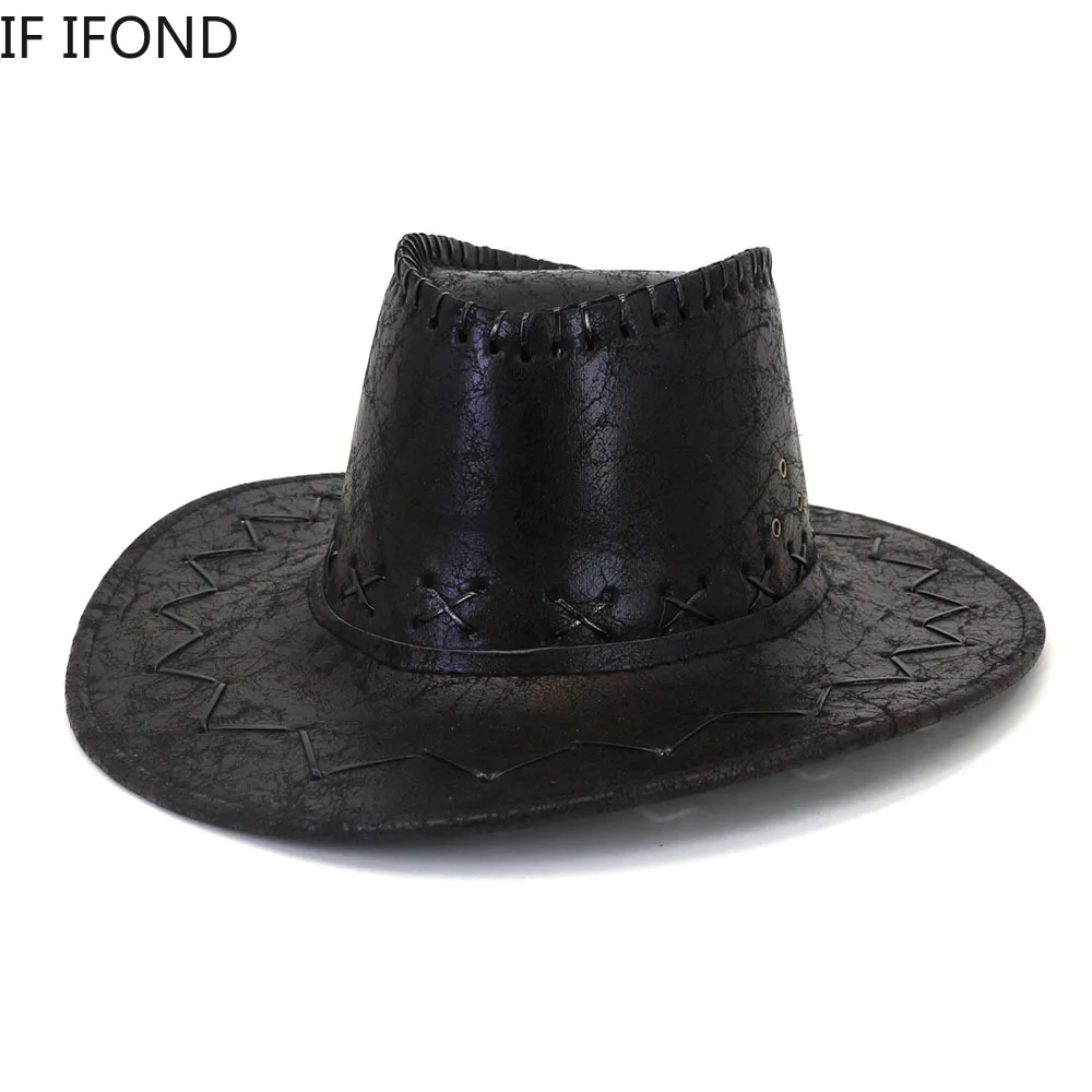 European American PU Leather Western Cowboy Hat Outdoor Travel Men's Sun  Hats Wide Brim Cowgirl Jazz Sombrero Cap