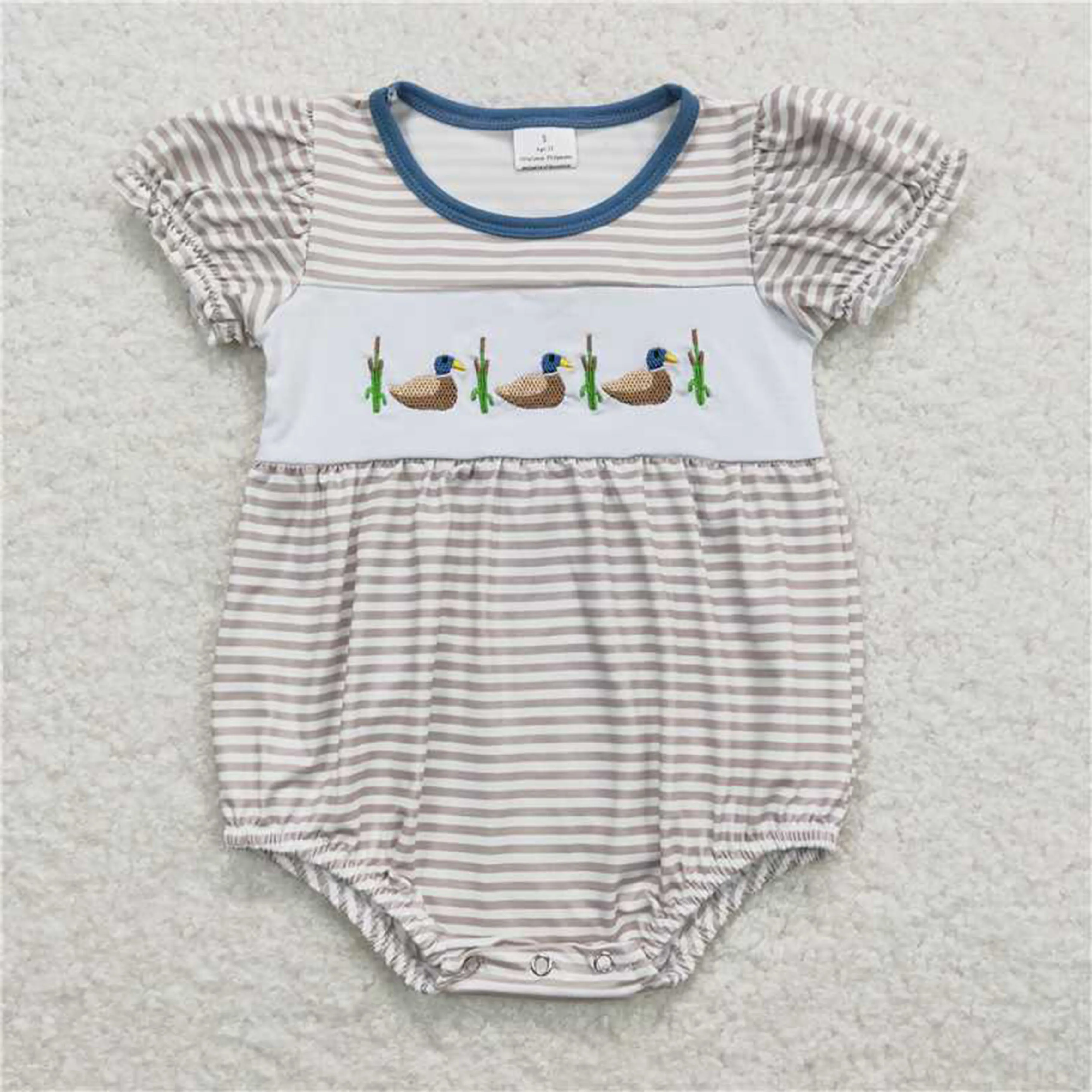 Wholesale Baby Boy Girl Toddler Embroidery Ducks Plaid Romper Newborn Coverall Bodysuit Kids Short Sleeves Buttons One-piece 5