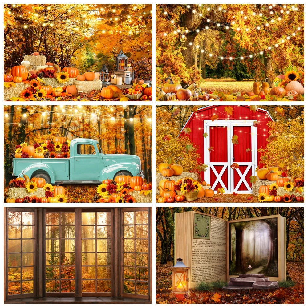 

Autumn Scenery Backdrop Fall Farm Barn Window Forest Maple Pumpkin Harvest Thanksgiving Baby Portrait Photography Background