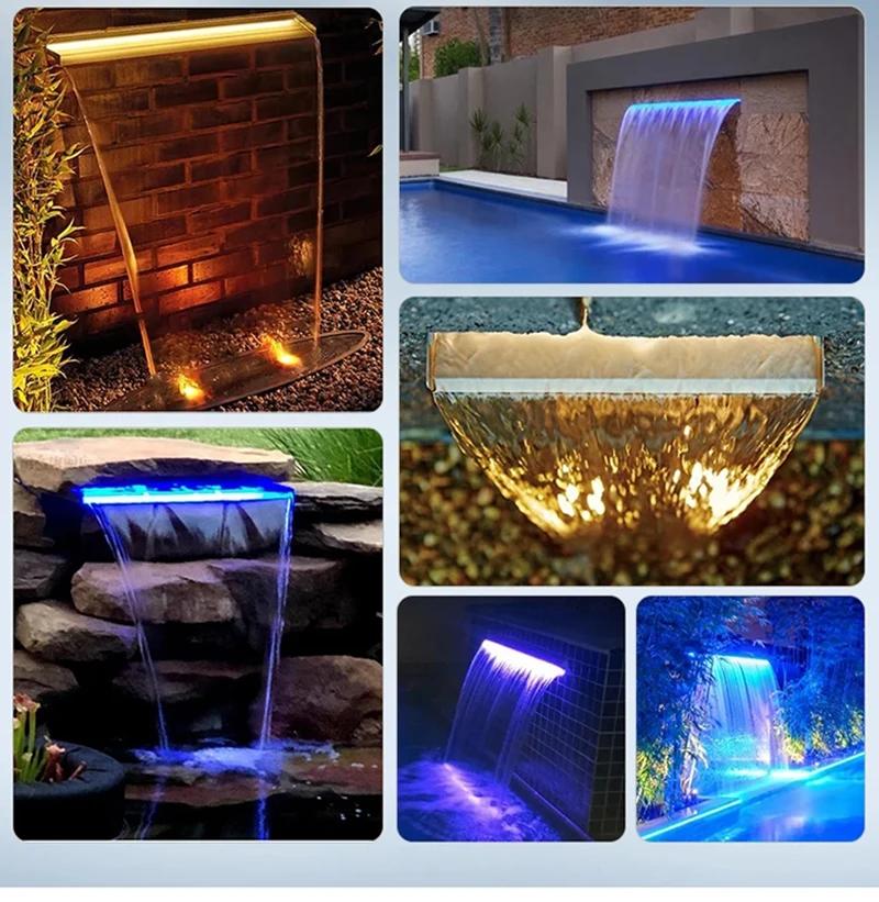 60/90/120cm Waterfall Blade Spillway Stainless steel Fountain Spa Water Descent RGB Wall Mounted Decorative Colorful 6