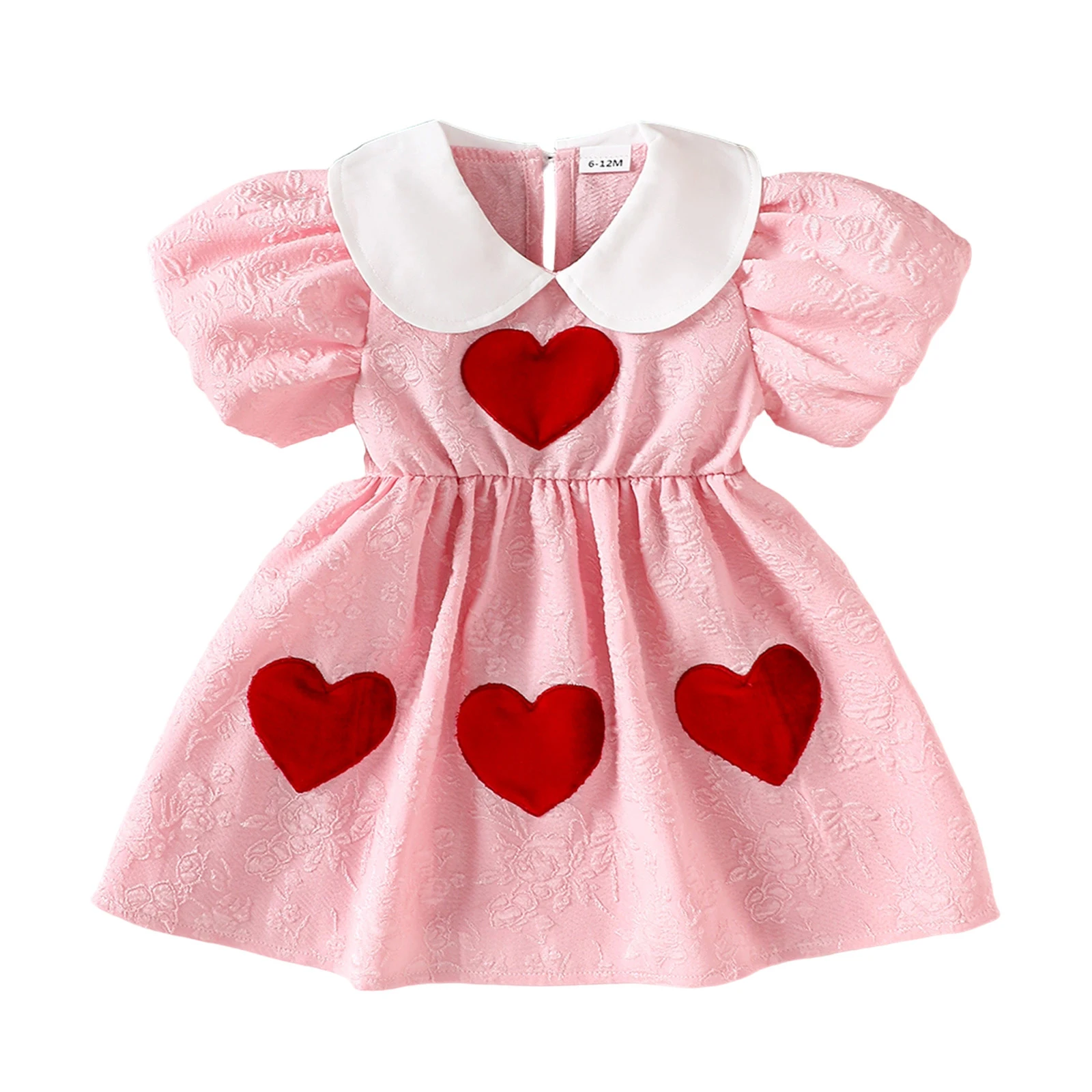 Summer Kids Toddler Girl A Line Dress Short Puff Sleeve Doll Collar Heart Embroidery Dress Clothes 1