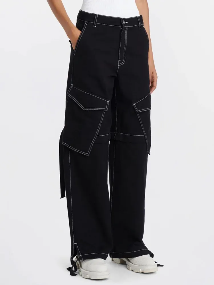 BPN Patchwork Pockets Denim Pant For Women High Waist Spliced Single Button Casual Loose Soild Wide Leg Jeans Female Fashion New