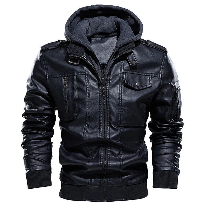 Leather Jackets Men Winter Jacket Vintage Hooded Collar Club Bomber PU Leather Motorcycle Casual