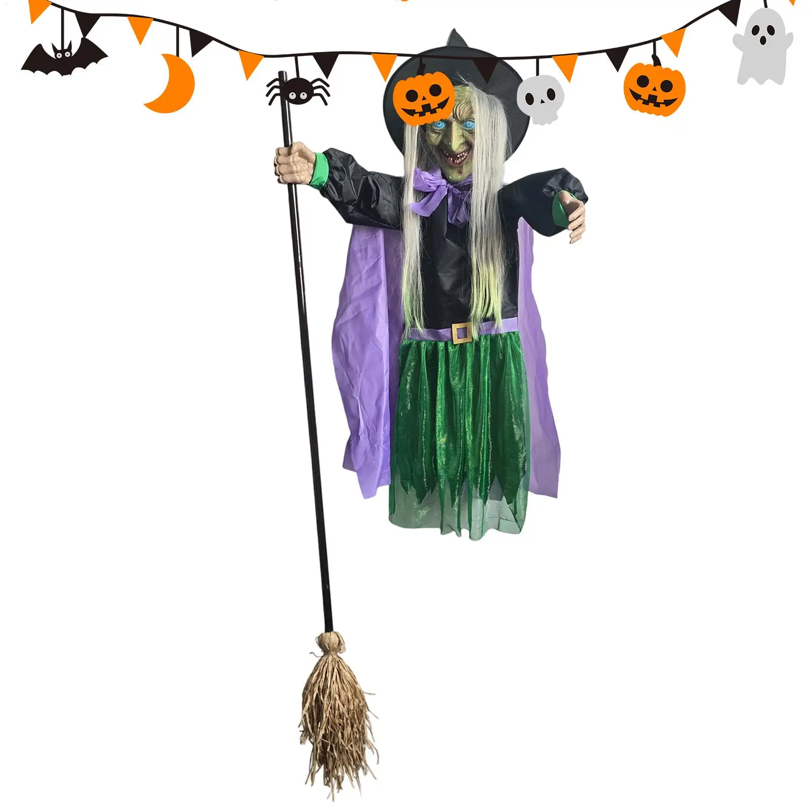 Halloween Flying Witch Decor Flying Witch Decoration with Terrifying Sounds & Lights Large Hovering Witch Prop with Glowing Eyes