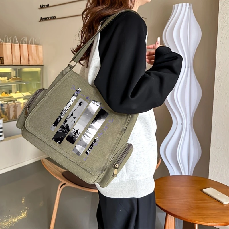 Vintage Men's Shoulder Bag Canvas Letter Print Large Capacity Messenger Bag for Travel Laptop Bag