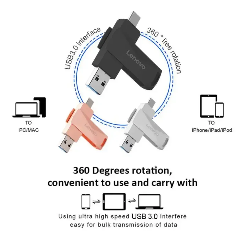 Флеш-накопитель Lenovo TYPE C USB 128 OTG 2 в 1, USB флешка на 1 ТБ, флэш-накопитель на ГБ, флеш-накопитель с бесплатным кольцом для ключей для ПК (art.: 3920c4a91c2f8) - 3920c4a91c2f8