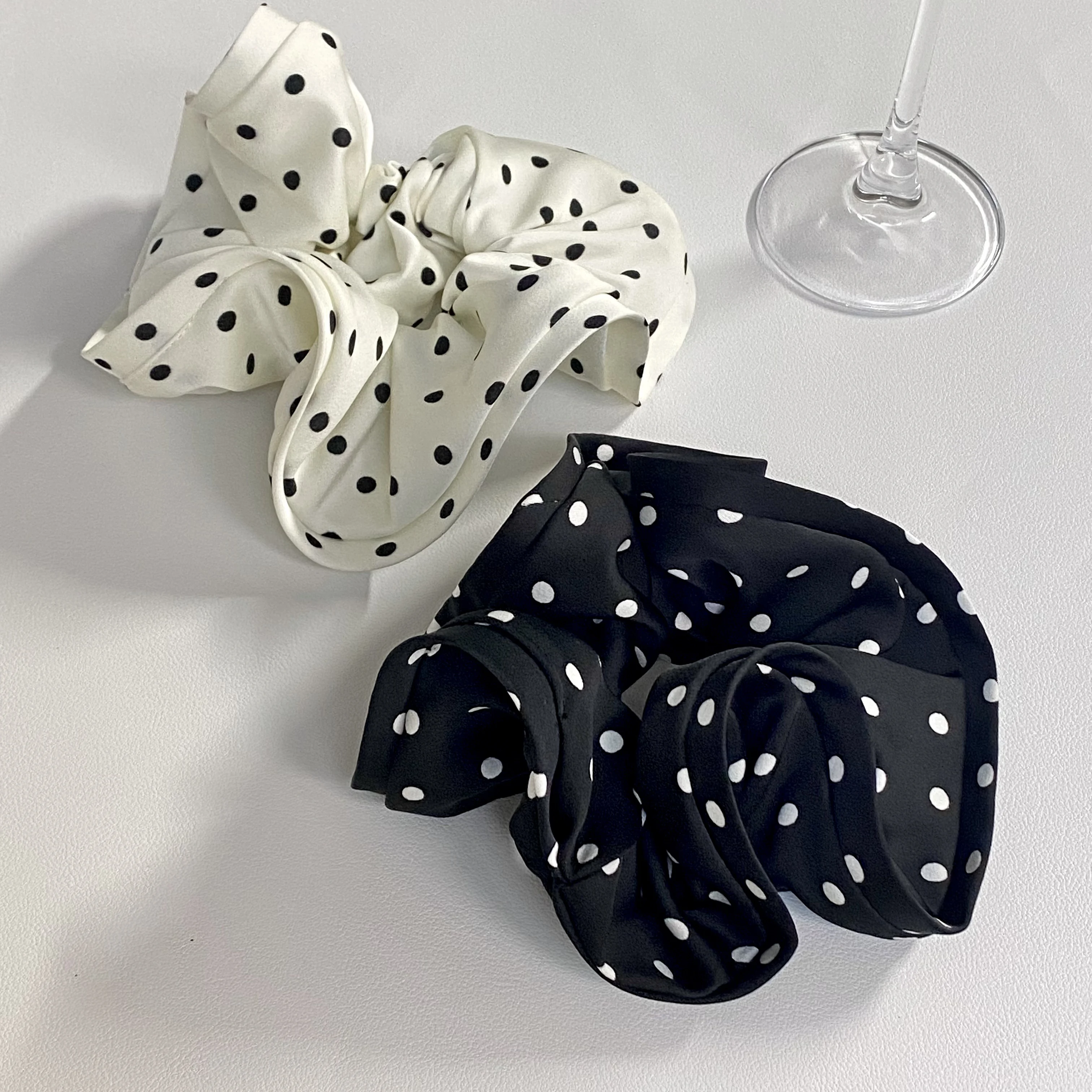 1PC Polka Dot Hair Scrunchies Set, Black And White Satin Hair Ties, Elegant Hair Accessories For Women