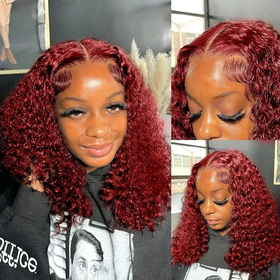 Brazilian Deep Wave 99J Burgundy Colored Lace Front Human Hair Wig 13x4 Deep Curly Short Bob Wigs Human Hair Water Wave Wigs