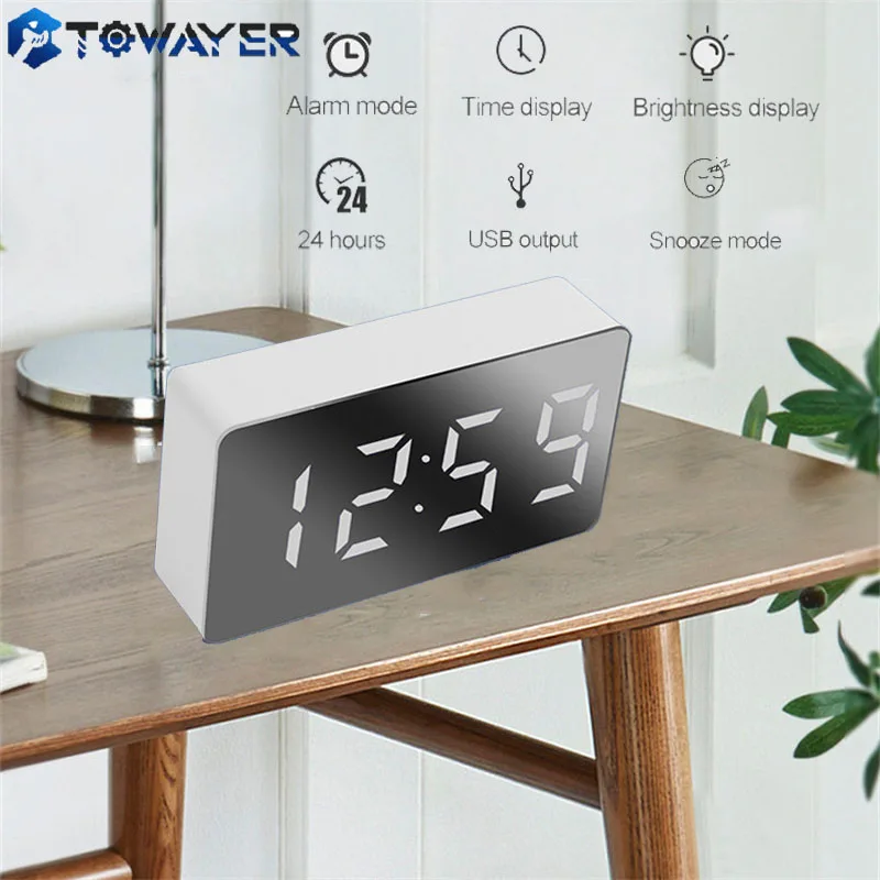 LED Mirror Table Clock Digital Alarm Snooze Display Time Night Light  Desktop USB Alarm Clock Home Decor Gifts for Children