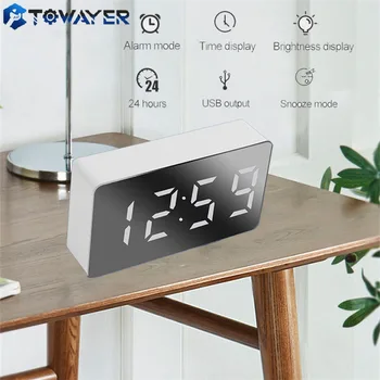 LED Mirror Table Clock Digital Alarm Snooze Display Time Night Light Desktop USB Alarm Clock Home