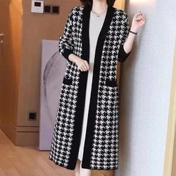 Temperament Fashion Loose Casual Korean Printing Plaid Long Sleeve Coat Cardigan Winter Thin Patchwork Pocket Women's Clothing