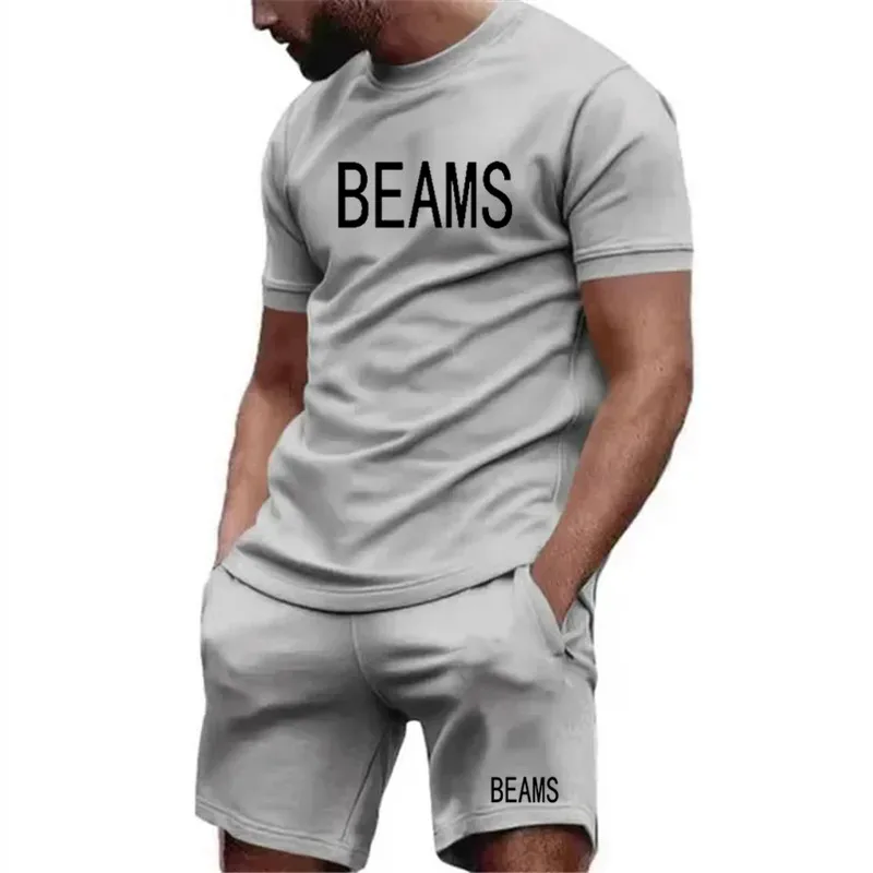 패션 브랜드 BEAMS 남자 티셔츠 + 반바지 2 조각 세트 Tracksuit 남성 캐주얼 여름 짧은 소매 면화 통기성 남성 의류