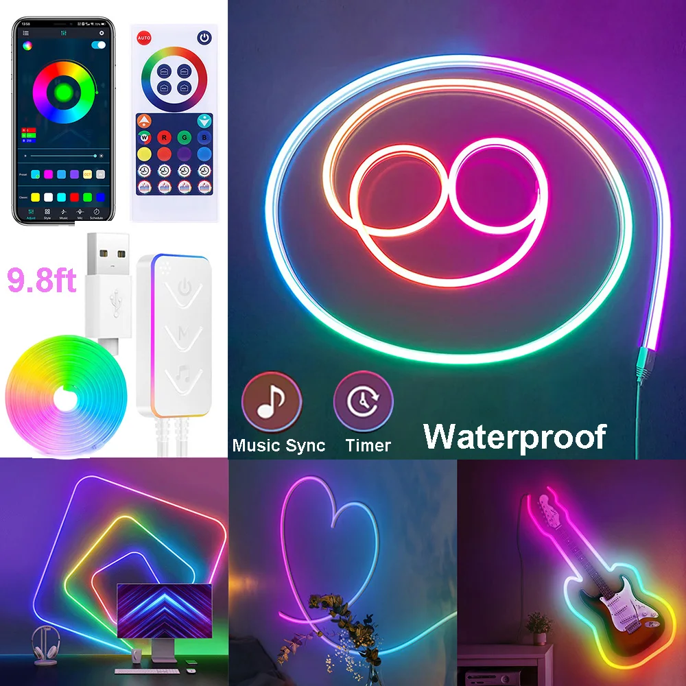 Music Sync Smart Neon Rope Lights App Control LED Strip Lights Bars Party Backlight Game Waterproof Strip Neon Flex Rope Lights