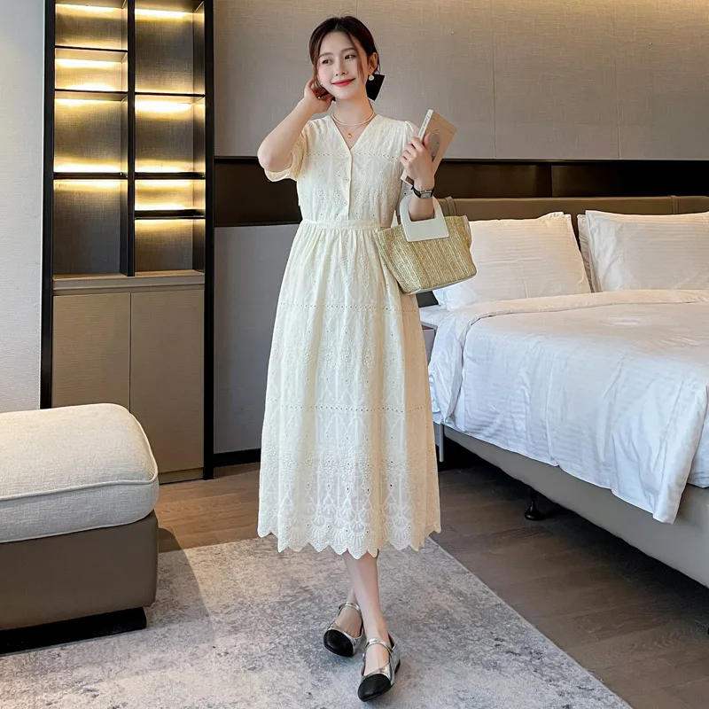 

Short Sleeve V-Neck Button Fly High Waist Pregnant Woman Lace Dress Hollow Out Floral Embroidery Maternity Elegant Dresses Loose