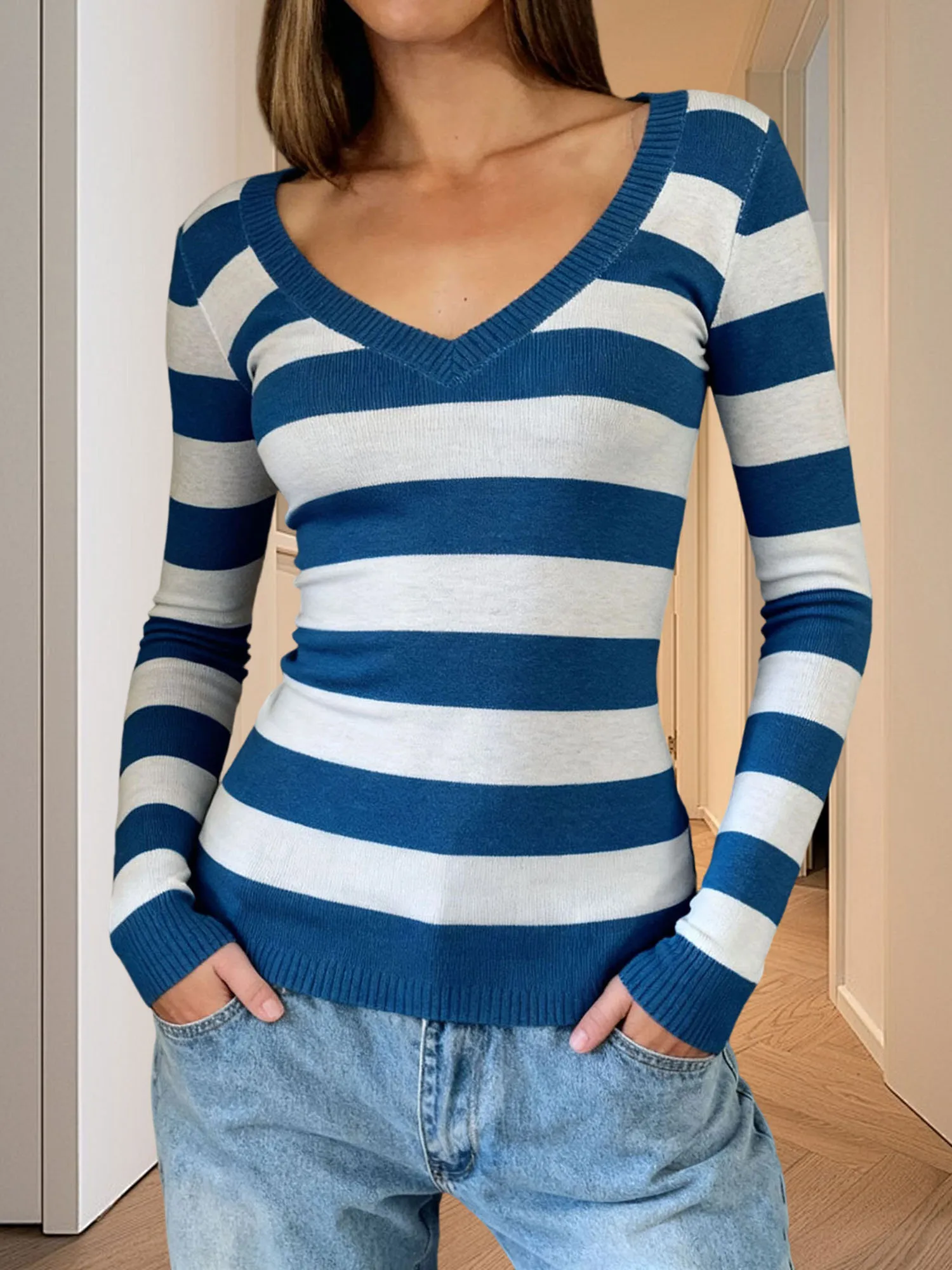 Women s Cozy Knit Pullover Sweater with V Neckline and  Fit Long Sleeve Striped Knitwear Top for Autumn and Winter