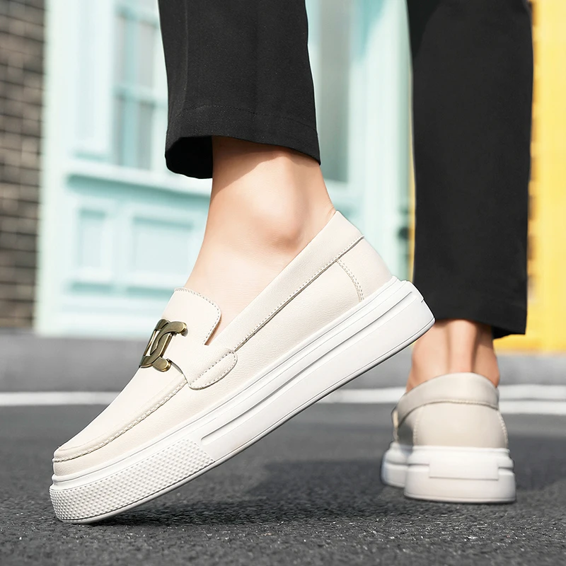 Original Black Men's Leather Loafers Fashion Platform Slip-on Casual Shoes Women Trendy Comfy Breathable Designer Moccasins Man