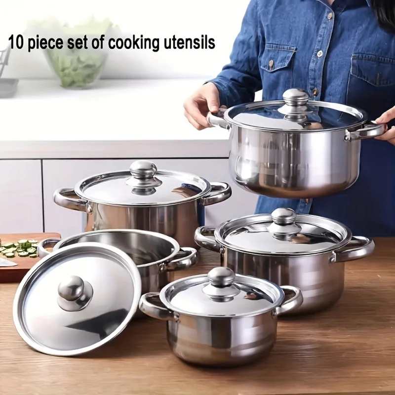 10 stainless steel cookware set 5 size with cover (6.3-7-7.9 8.6 9.4 inch) stainless steel cutlery set