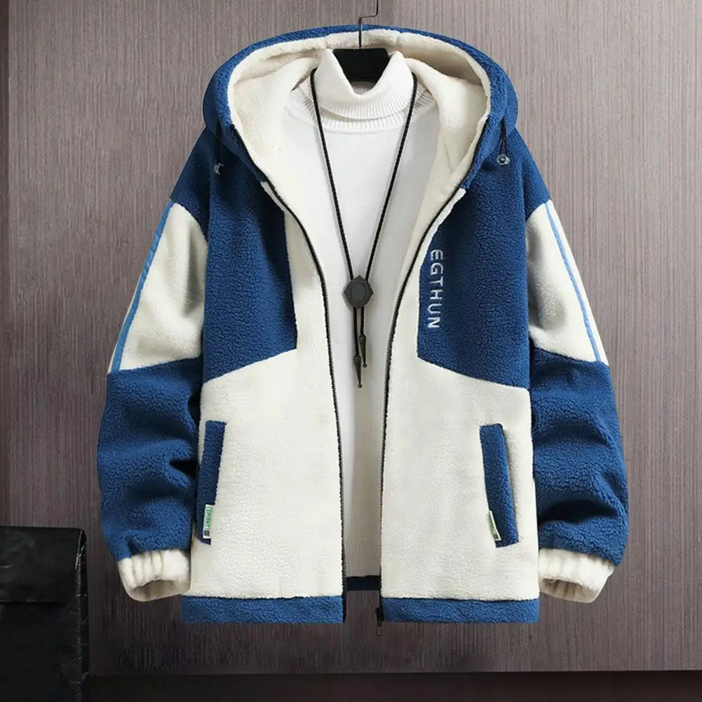 

Men Polar Fleece Jacket Men's Colorblock Hooded Jacket with Plush Lining Letter Decor Warm Winter Coat with Zipper for Cold