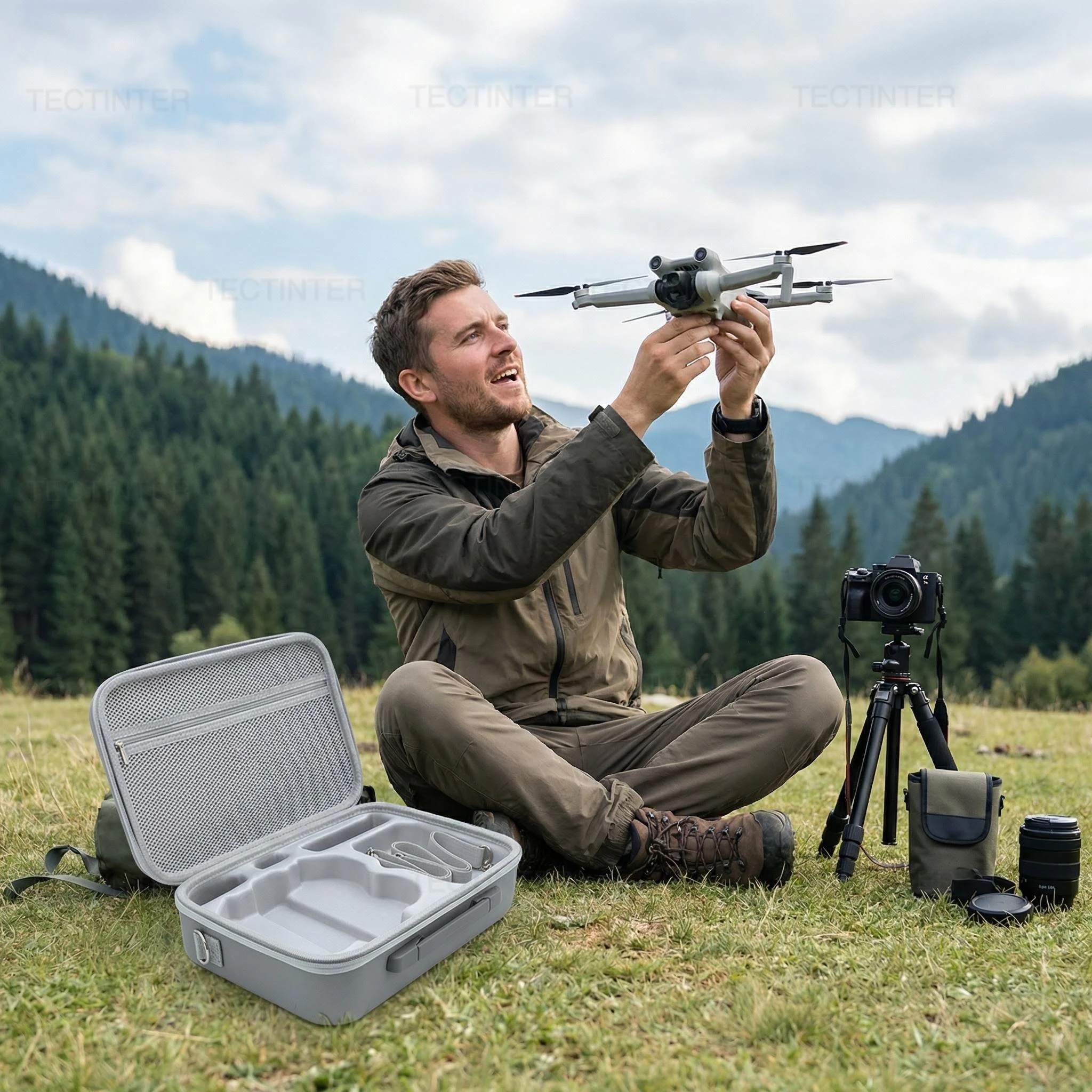 Sac de rangement robuste et pratique pour DJI Neo 2 porté à l'épaule par une personne, démonstration de la mobilité.