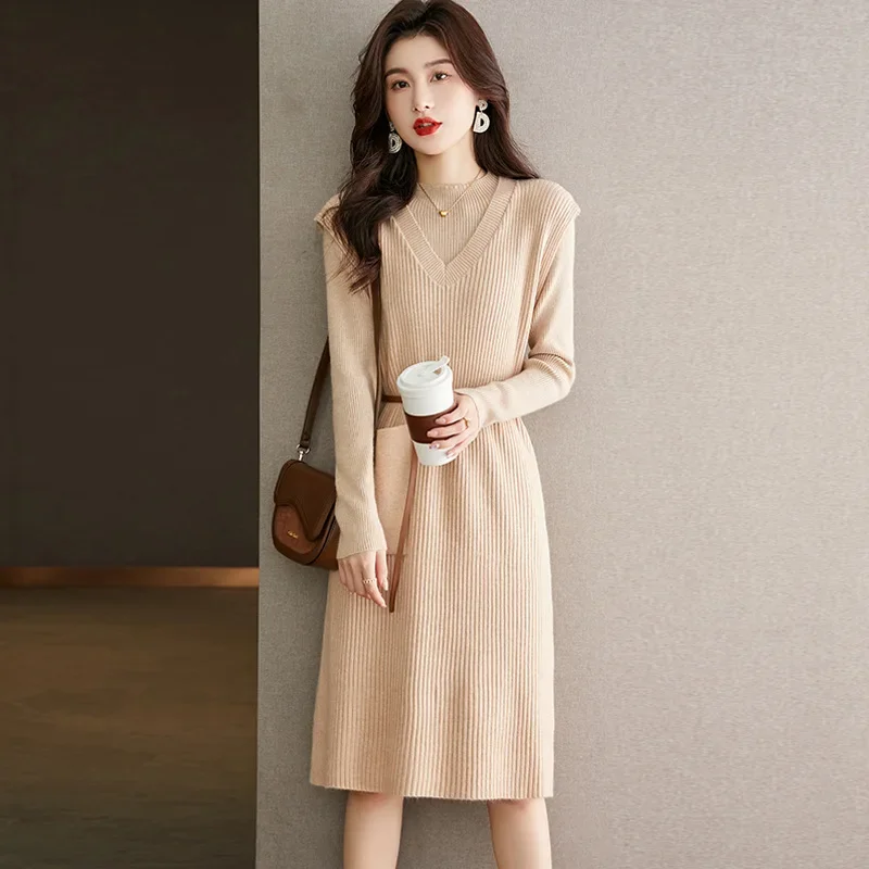 

Трикотажный комплект из двух предметов, женский осенне-зимний комплект из Свитера и платья миди с круглым вырезом и жилета, офисные Элегантные платья на шнуровке