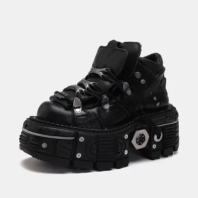 

Women's men Punk Style Leather Shoes Lace-up Heel Height Couple Platform Gothic Ankle Boots Metal Decor Thick Bottom Sneakers 45