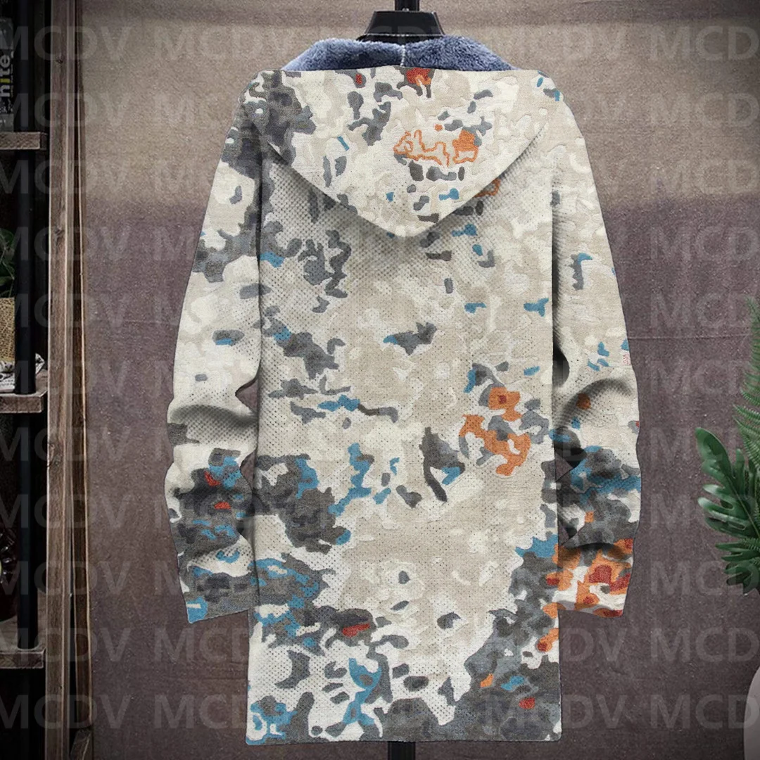Men's Retro Pattern 3D Printed Plush Thick Long-Sleeved Coat Fleece Hooded Overcoat Casual Thick Warm Jacket