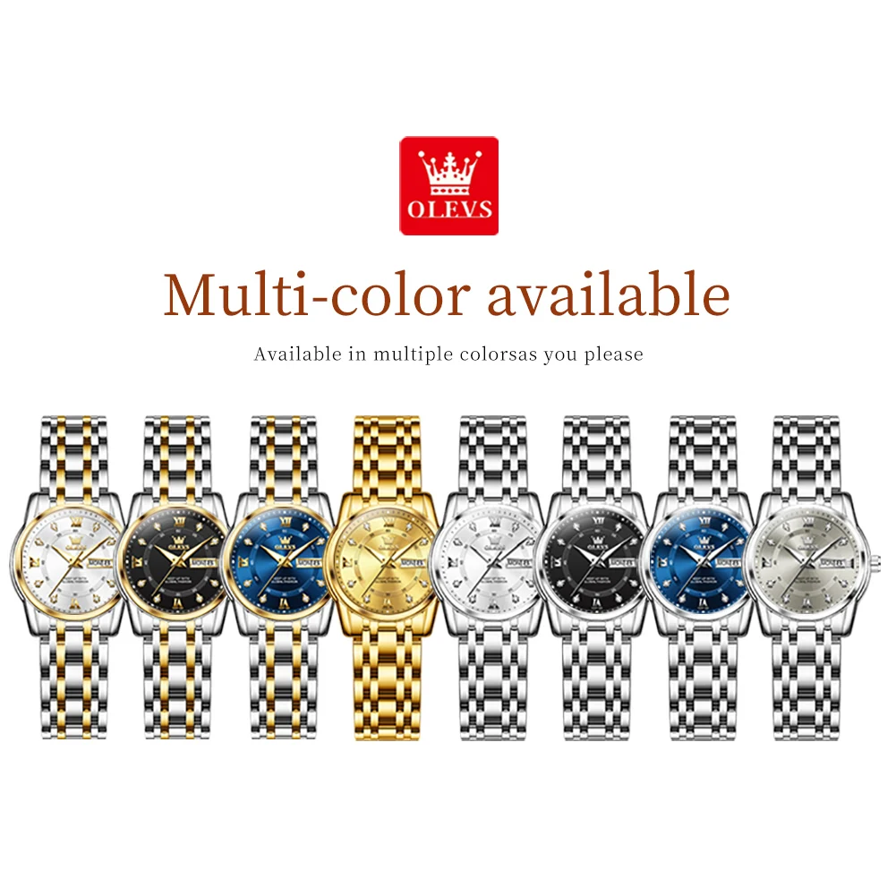Relógio de quartzo feminino de aço inoxidável da moda, luxuoso, com calendário duplo, luminoso, à prova d'água, elegante para mulheres_voghion.com