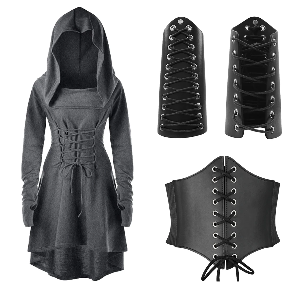 Vestido vintage para mujer, disfraz de arquero medieval renacentista, con capucha, con cordones, suéter largo con capucha, capa para Halloween