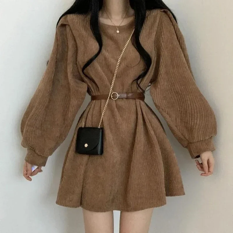 

GIDYQ Corduroy Dress Women Vintage Belt Slim Long Sleeve Mini Dresses Fashion Elegant Solid O Neck Chic Streetwear Fall Winter