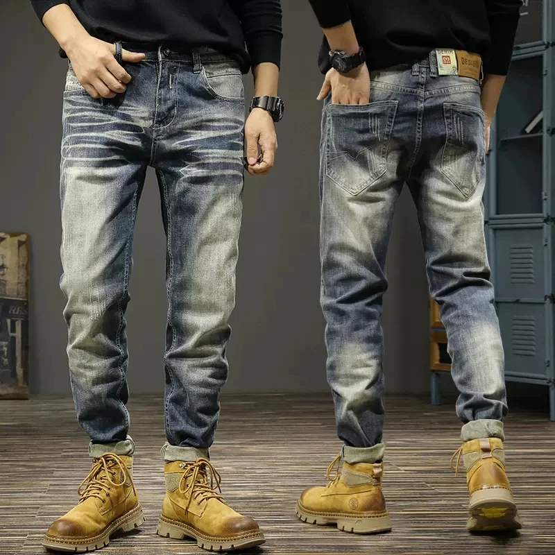 men s skinny ripped jeans fashion grid beggar patches slim fit stretch casual denim pencil pants painting jogging trousers men Newly Fashion Designer Men Jeans Retro Blue Stretch Slim Fit Elastic Ripped Jeans Men Vintage Trousers Casual Denim Pants Hombre