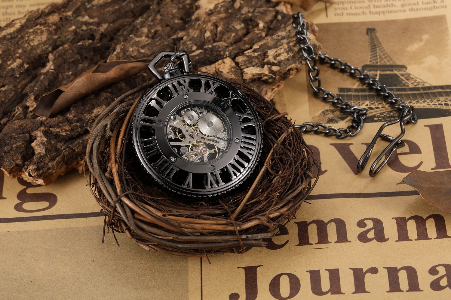 Hollow Hand-WInd Automatic Mechanical Luxury Pocket Watch Steampunk Men Watches Roman Numerals Clock With Fob Chain Reloj Hombre