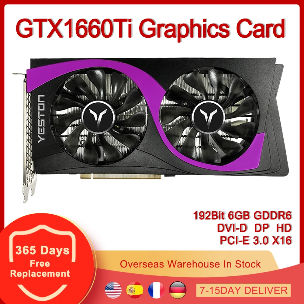 Yeston GTX1660Ti Graphics Card 192Bit 6GB GDDR6 PCI-E 3.0 X16 DVI-D HD DisplayPort Video Cards for GeForce GTX 1660 Ti 6G