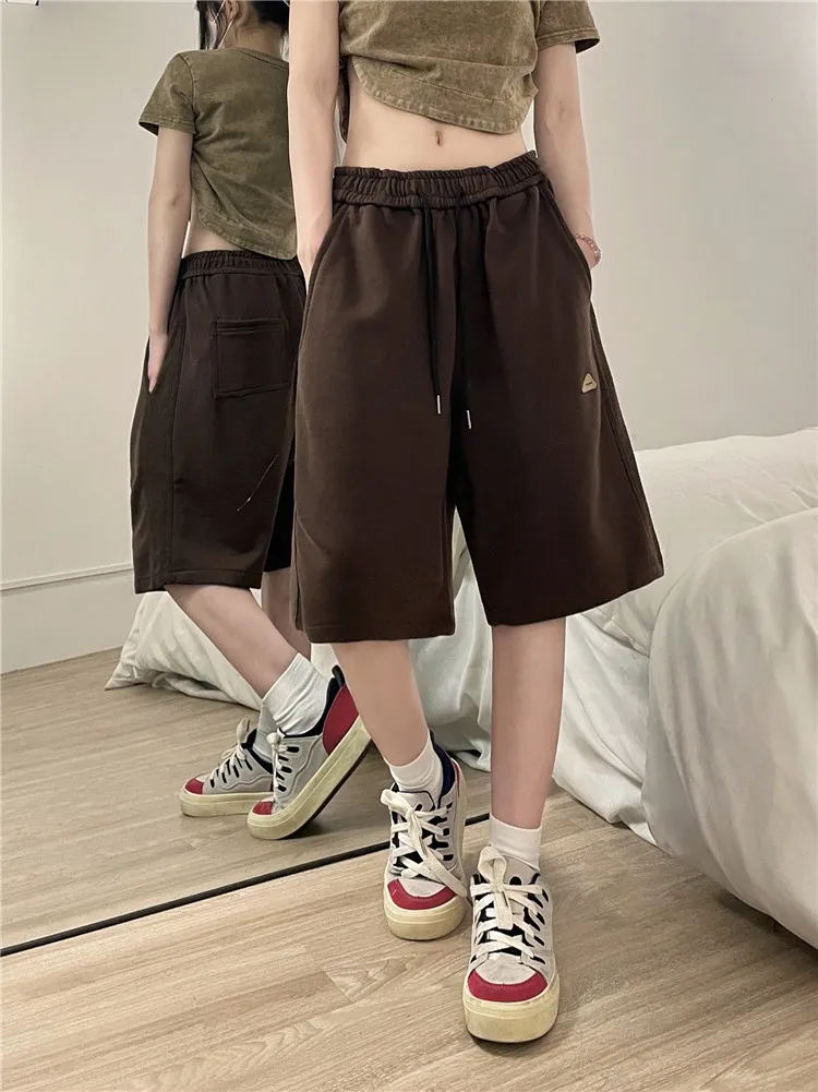 

Y2K Streetwear Sports Pants For Women Sweetpants Elasic Waist Cotton Hip Hop Fifth Cargo Pants Loose Wide Leg Men Casual Trouser