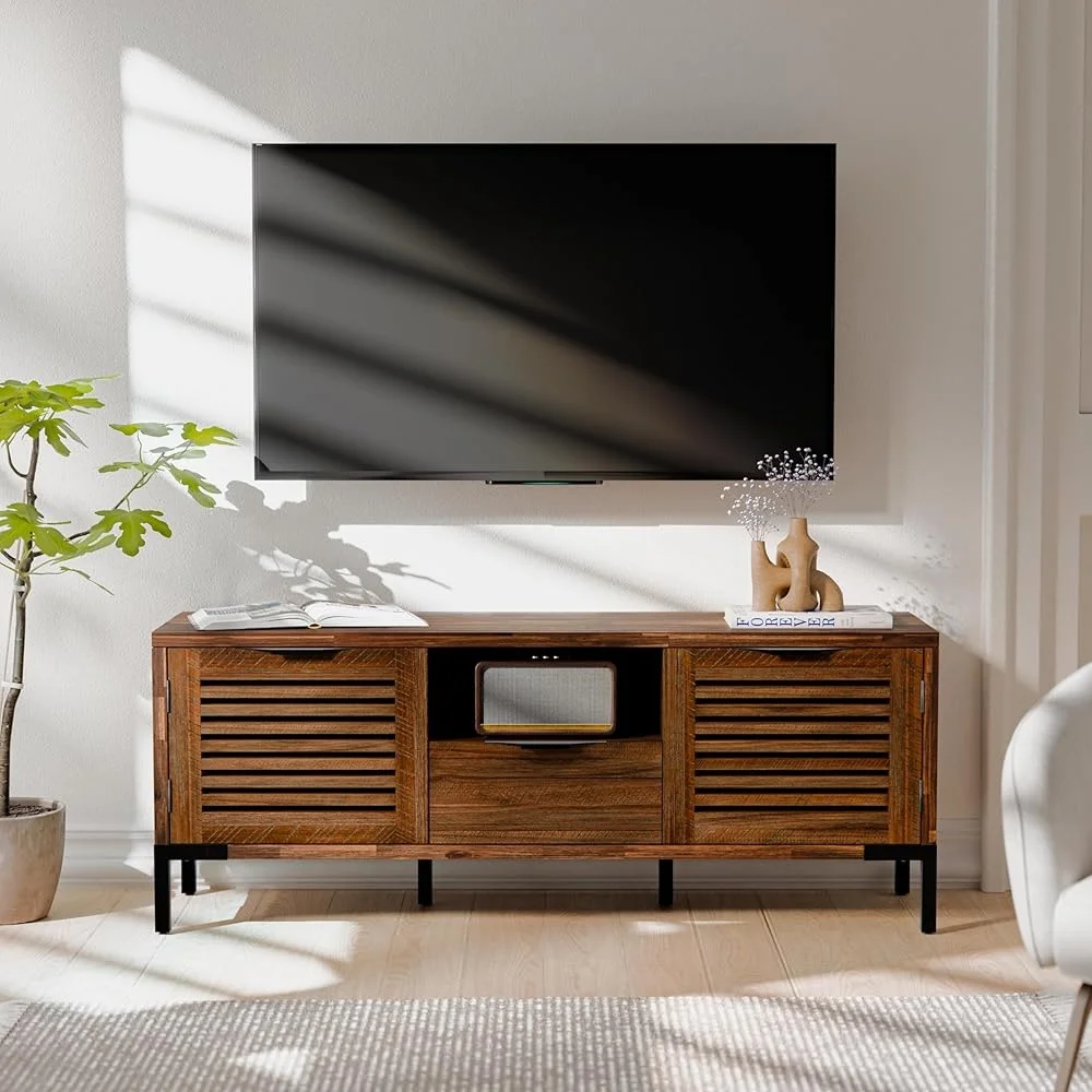 Modern Farmhouse Solid Wood TV Stand Living Room Holds TVs up to 65 Inches Rustic Chestnut Finish 2