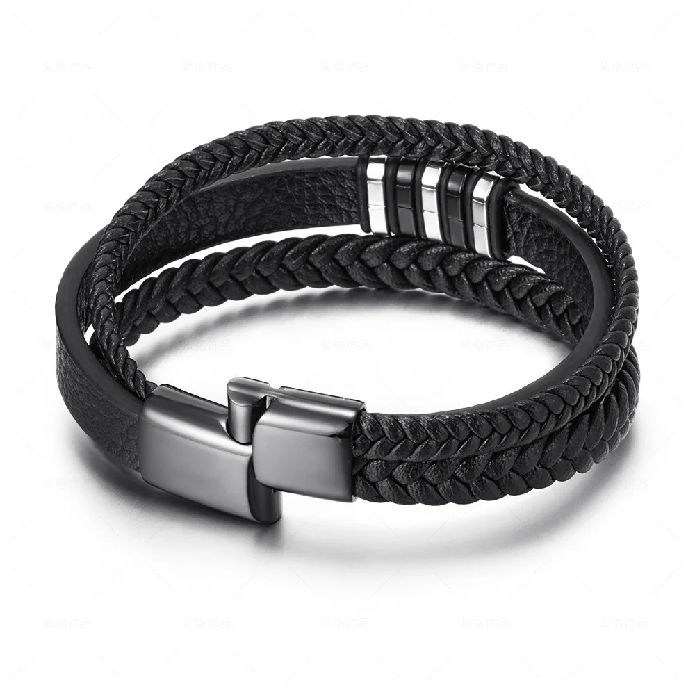 Men's Multi-Layer Braided Leather Bracelet with Clasp