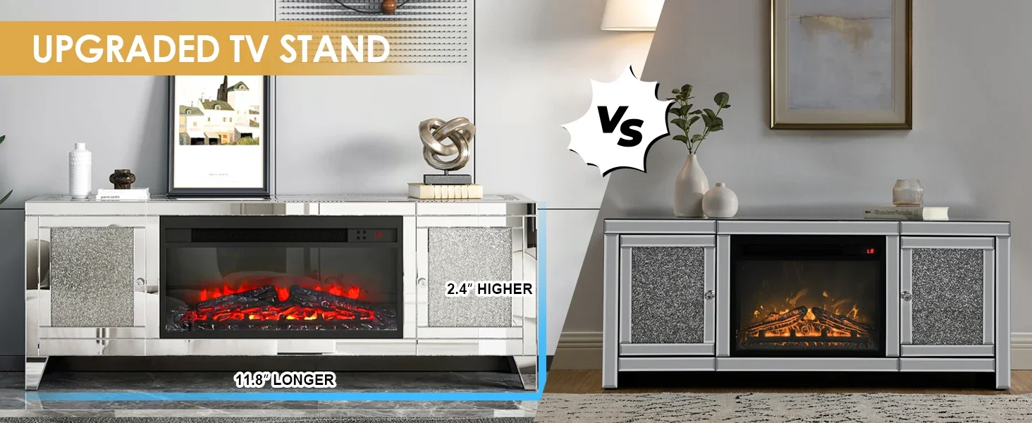 Fireplace TV Stand Mirrored Silver TV Stand for 65 Inch TV