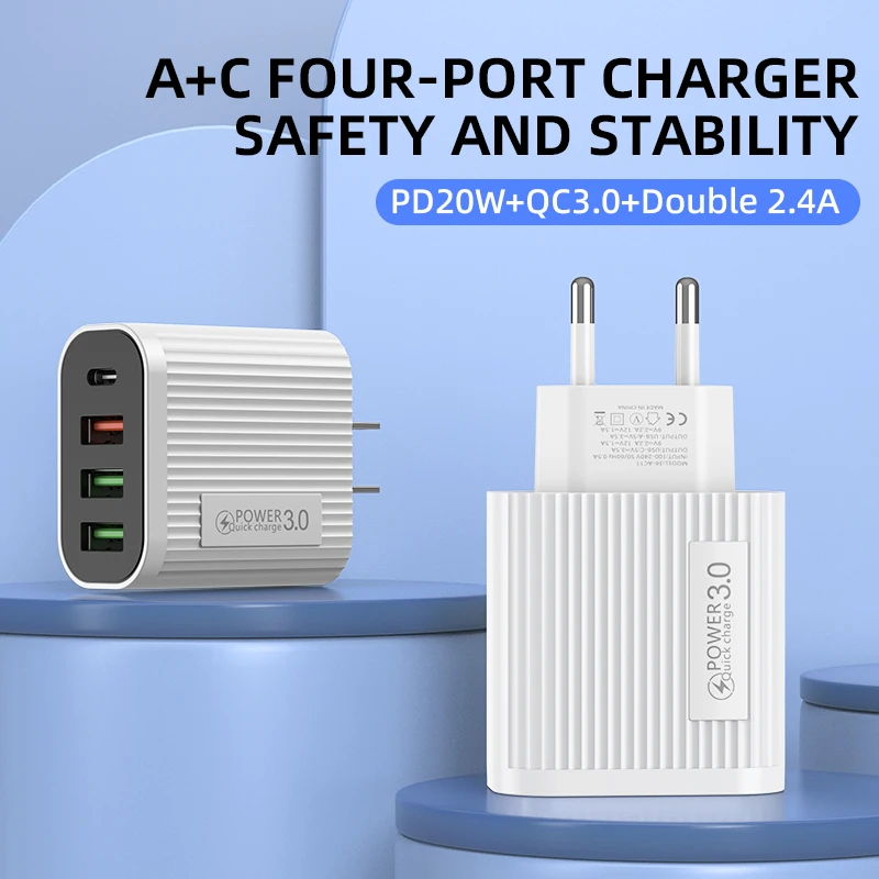 

Дорожное зарядное устройство 3 usb + Type-C QC3.0 pd, зарядное устройство стандарта США и ЕС, многопортовая стандартная настенная зарядная головка для смартфона