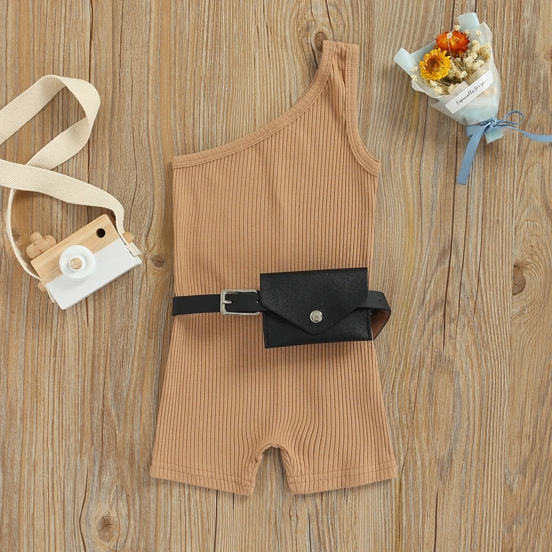 Baby Bodysuits are cool Toddler Baby Girl One Shoulder Romper Summer Oblique Shoulder Sleeveless Knitted Jumpsuit with Belt Children Clothes Playsuit black baby bodysuits	 Baby Rompers