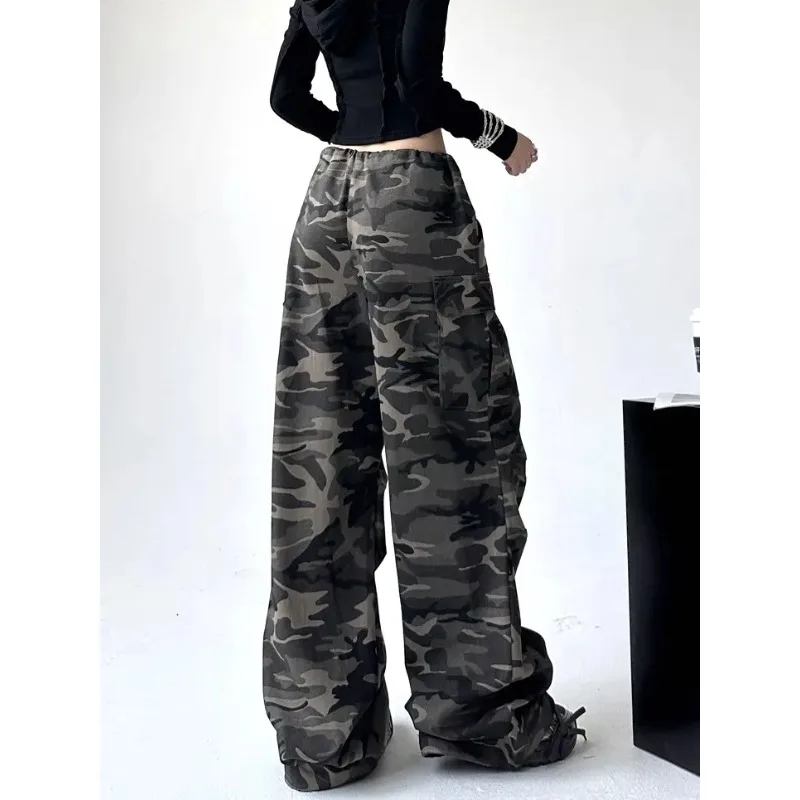 Deeptown Camouflage Cargo Pants for Women High Street Vintage Baggy Jeans Hippie High Waist Gyaru Straight Denim Trousers Korean