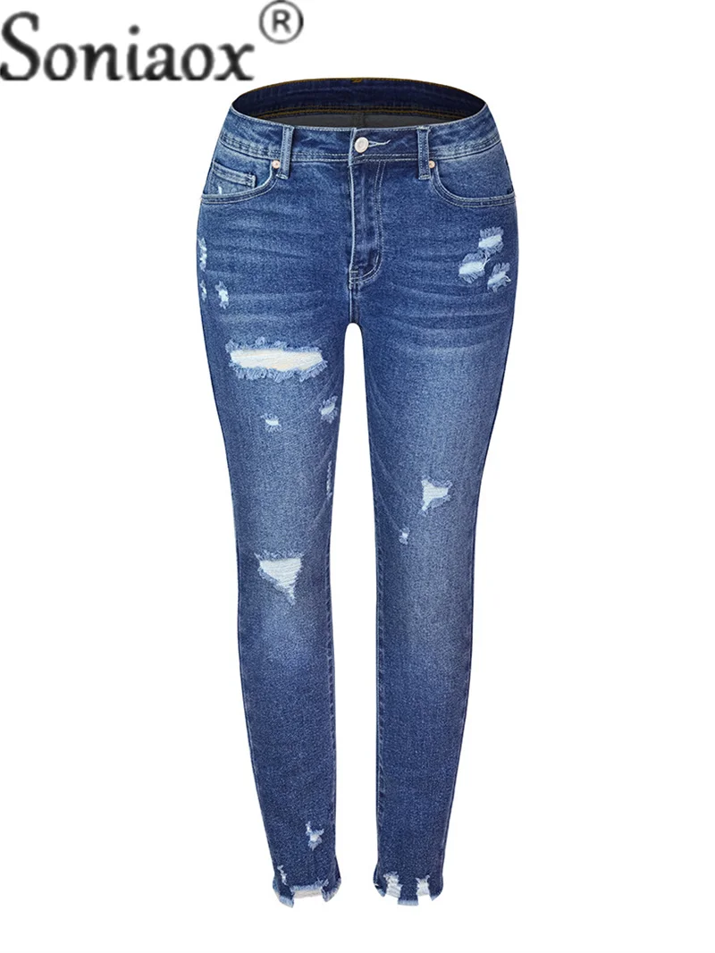 Fashion Broken Holes Tassel Pencil Jeans Women's Stretch Slim Fit