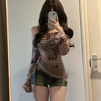 Long sleeved T-shirt spicy girl style one shoulder women's thin mesh screen graffiti print irregular drawstring top 1