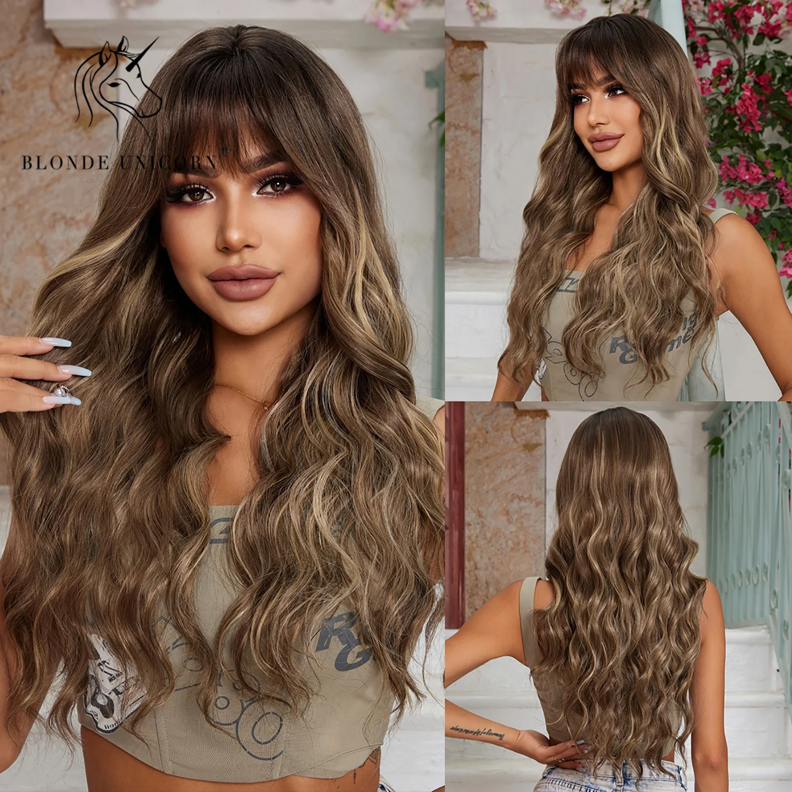 

Blonde Unicorn Synthetic Mixed Brown Blonde Wig Long Wavy Wigs with Bangs Daily Cosplay Party Use Heat Resistant Fiber for Women