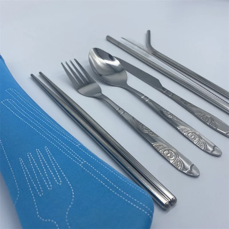 3pcs/7pcs Set  Dinnerware Portable Printed Stainless Steel Spoon Fork Steak Knife Set Travel Cutlery Tableware with Bag