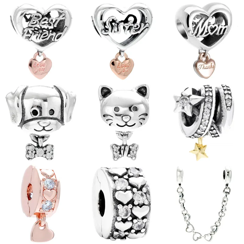 

Love You Best Friend Sister Heart Pet Dog & Bone Cat & Bow Star Charm 925 Sterling Silver Beads Fit Bracelet DIY Jewelry