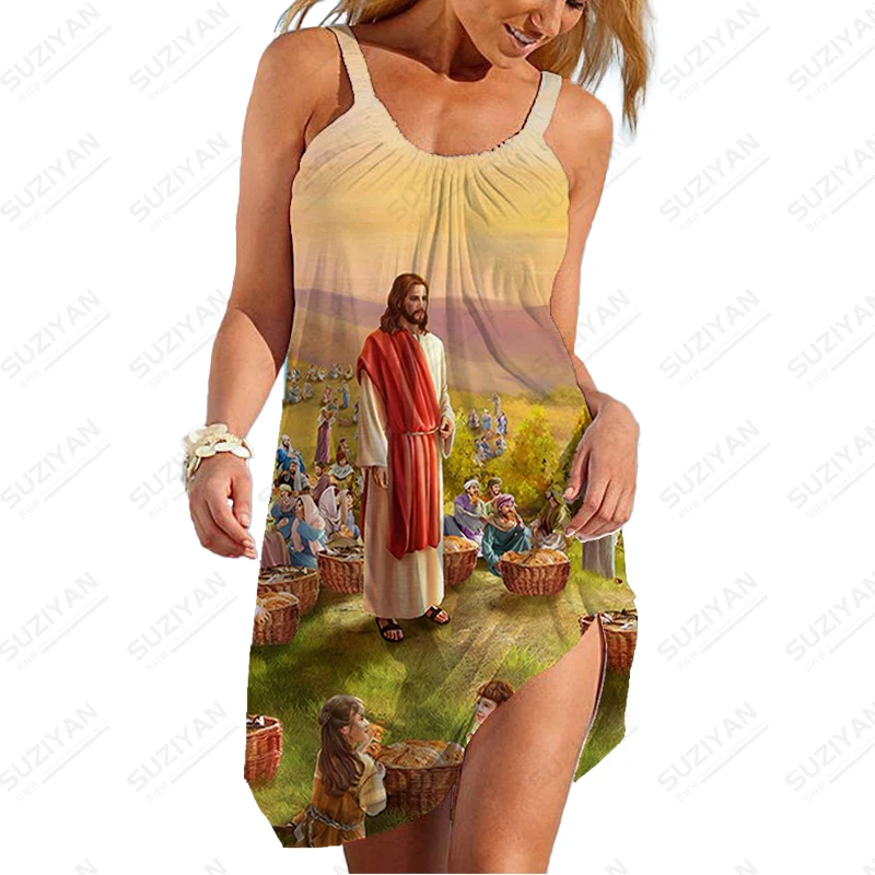 

2023 Summer Women's Fashion Trend Dress Christian Jesus 3d Printed Dress Comfortable Breathable Sleeveless Dress
