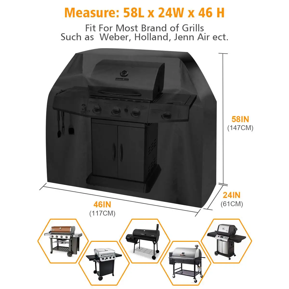 Outdoor Black Waterproof Grill Cover Heavy Duty Dust Protective Anti-uv Rectangle Cover For Gas Charcoal Electric Barbecue Grill