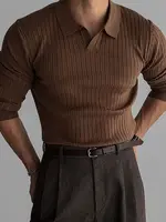 Slim Fit Knitted T-irt Men's Spring Autumn Pure Color Ribbed Elastic Crew Ne Long Sve round Ne Pullover Youth Faion