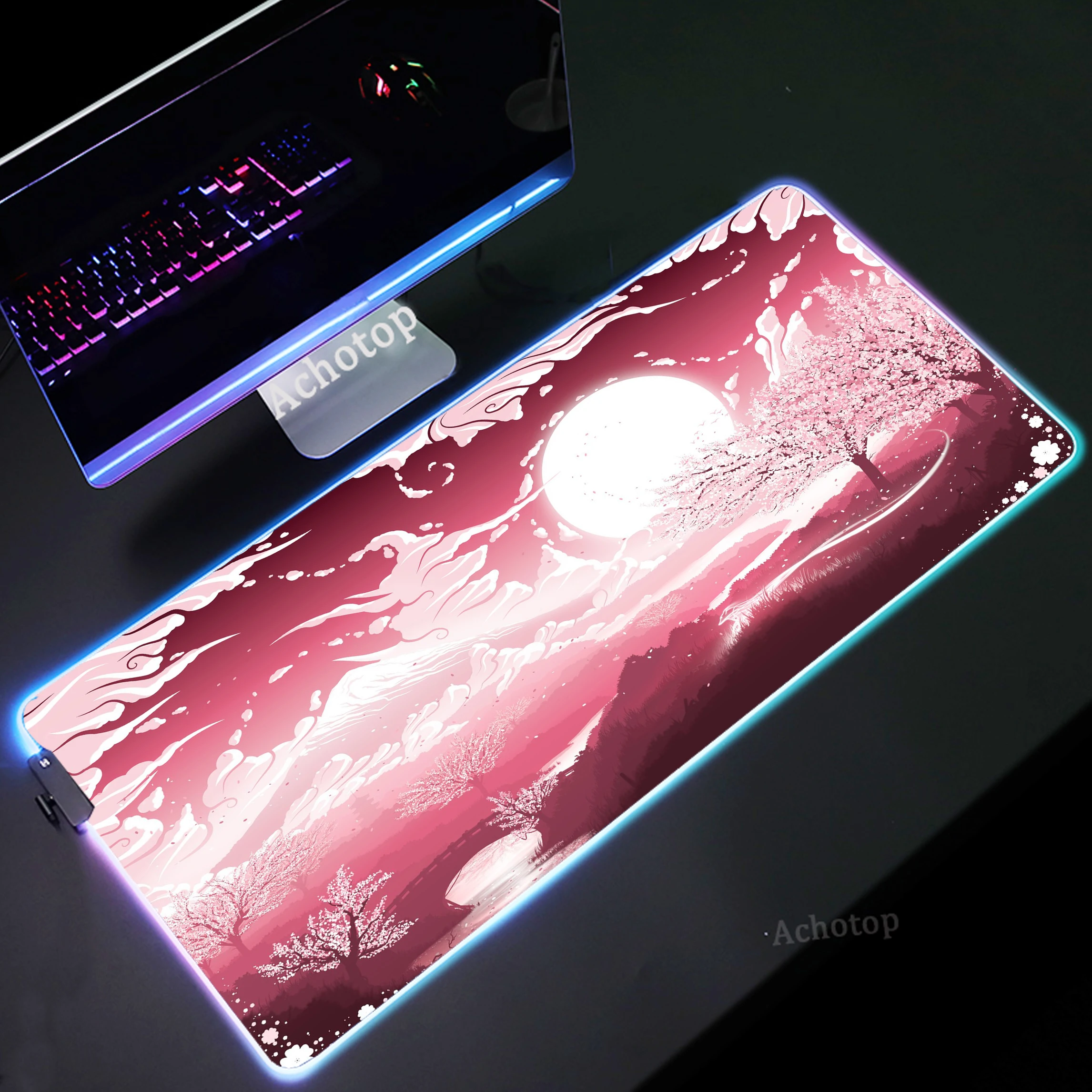 

Розовый коврик для мыши с цветами вишни, большой коврик для мыши RGB, размер XXL, игровой коврик для мыши, настольные коврики с подсветкой, Настольный коврик, большие светящиеся коврики для клавиатуры